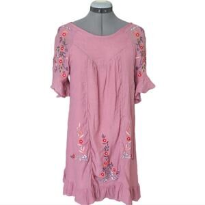Pomp & Circumstance Embroidered Floral Mini Dress Flutter Sleeve Pink Size Small